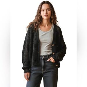 REVOLVE FAVORITE | 525 America Black chunky cable knit relaxed button cardigan M